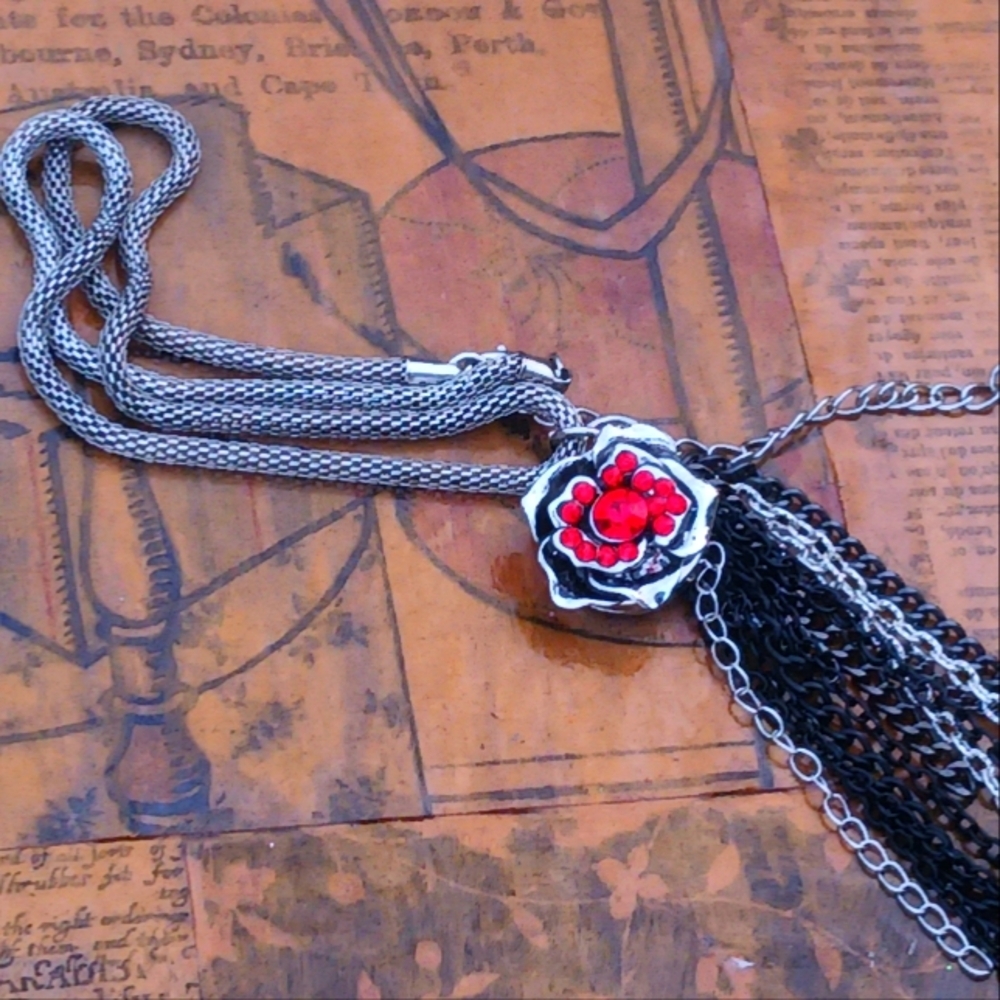 Red Rose Crystal Tassel Necklace